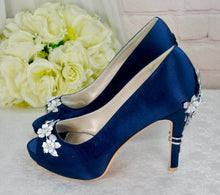 Load image into Gallery viewer, Navy Blue Satin Peep Toe Heels with Cherry Blossom
