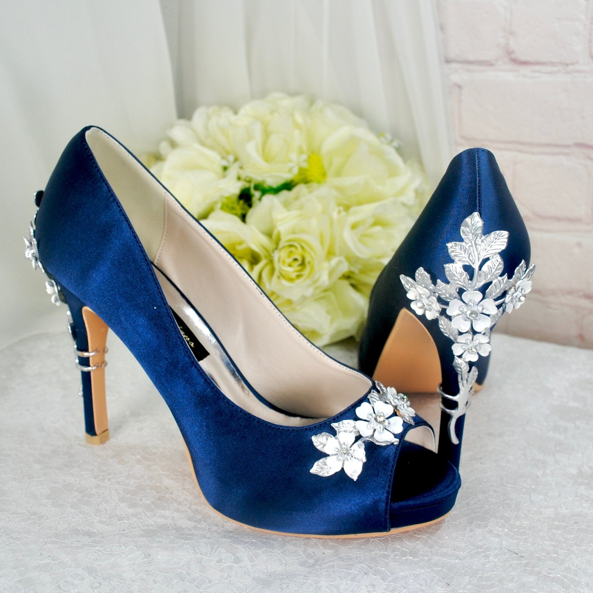 navy blue dress heels Navy Blue Satin Peep Toe Heels with Cherry Blossom – Becci's Bridal Designs