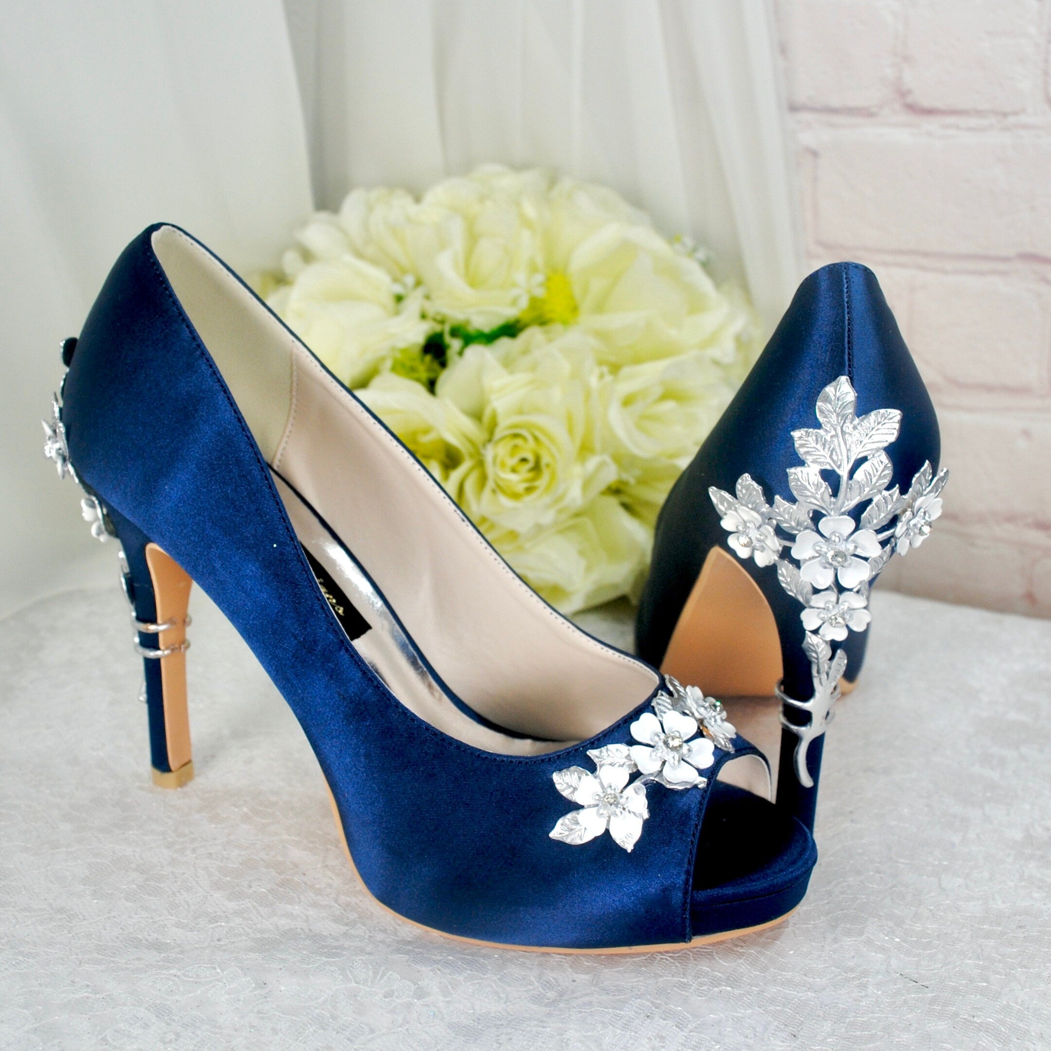 Peep Toe Navy Blue Wide Fit Wedding Shoes Navy Blue Satin Peep Toe