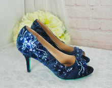 Load image into Gallery viewer, Navy Floral Embroidered Shoes, Low Heel Mother of the Bride Groom Special Occassion Bridal Shoe
