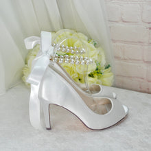 Load image into Gallery viewer, Satin Peep Toe Bridal Shoes with Pearl Ankle Strap
