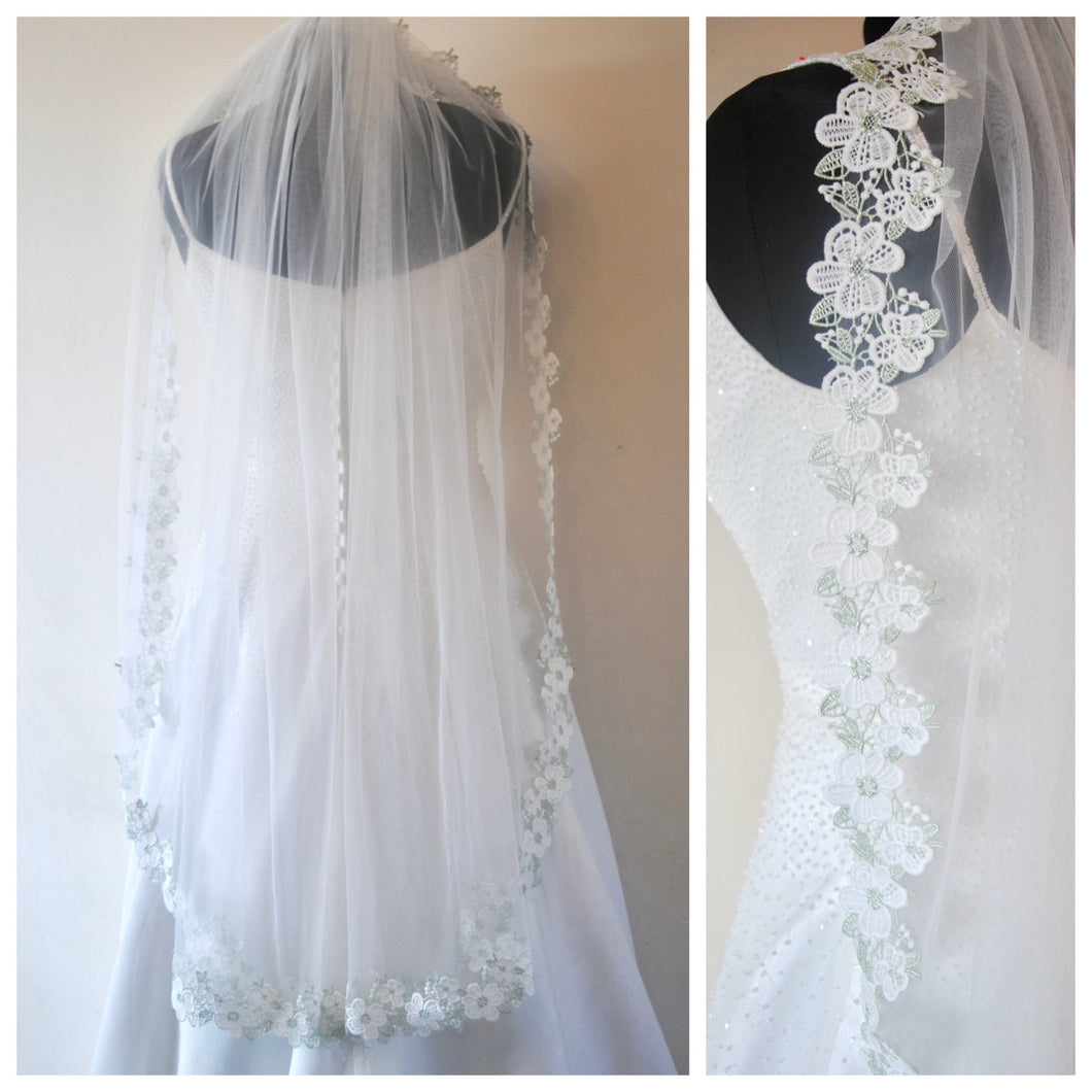 Floral Embroidered Lace Edge Bridal Veil with Sage Green Details