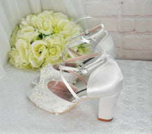 Load image into Gallery viewer, Satin Block Heel Bridal Sandals with Pearl Detail
