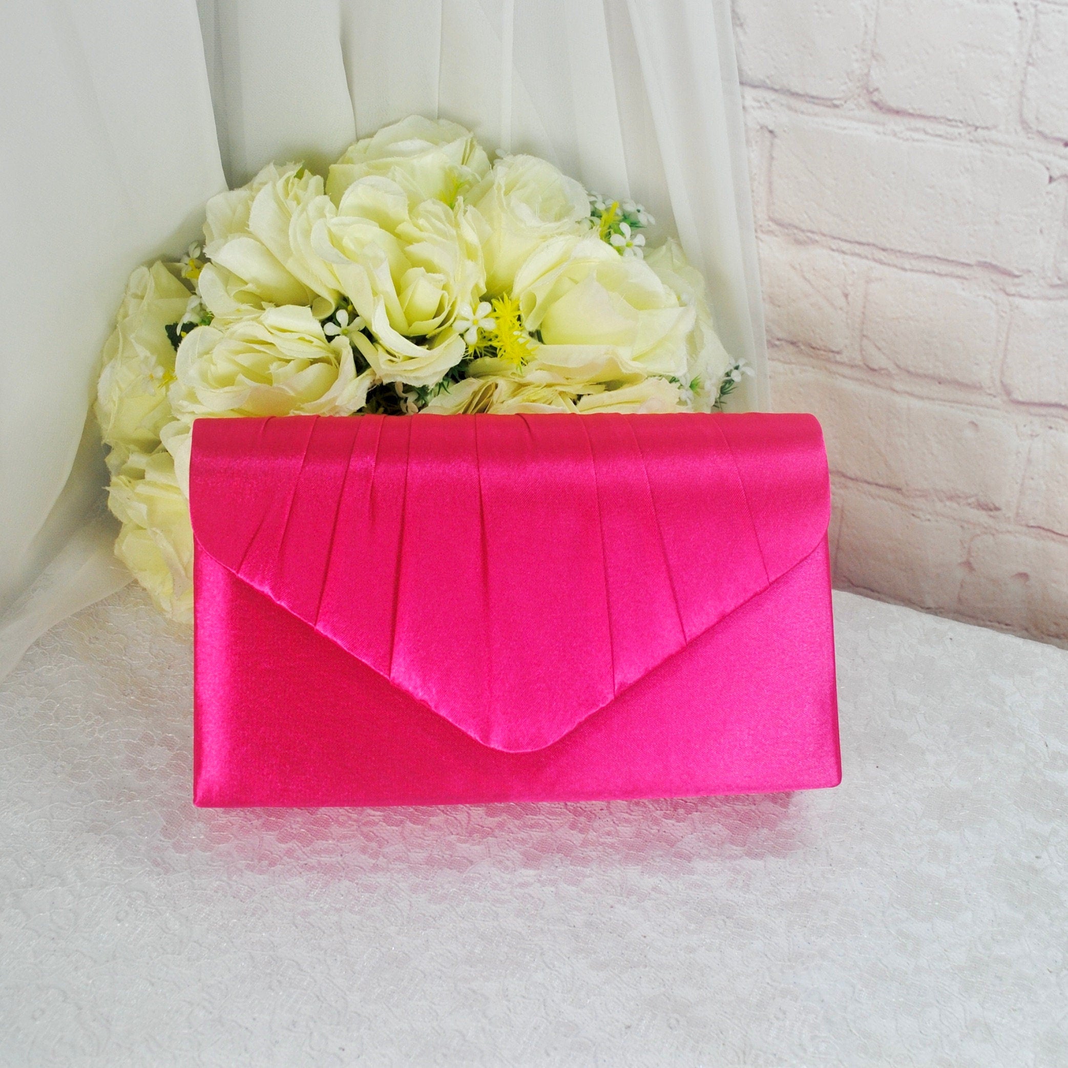 Fuchsia Pink Bride Satin Clutch Bag, Rose Hot Pink Over 25 colours