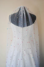 Load image into Gallery viewer, White Pearl Bridal Veil with Rainbow Multi Coloured Pearls, Disco Ball Wedding Veil
