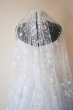 Load image into Gallery viewer, White Embroidered Celestial Bridal Veil, Soft Tulle with Sequin Stars Wedding Veil
