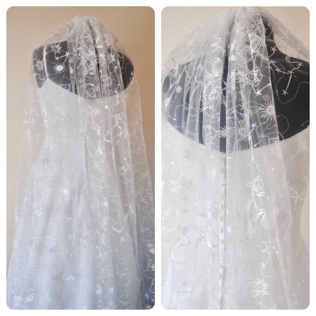 White Embroidered Celestial Bridal Veil, Soft Tulle with Sequin Stars Wedding Veil