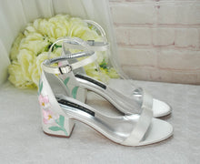 Load image into Gallery viewer, Ivory Satin Bridal Sandals with Pink Floral Embroidery, UK5/US7.5
