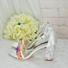 Load image into Gallery viewer, Embroidered Block Heel Bridal Shoes with Silk Butterflies
