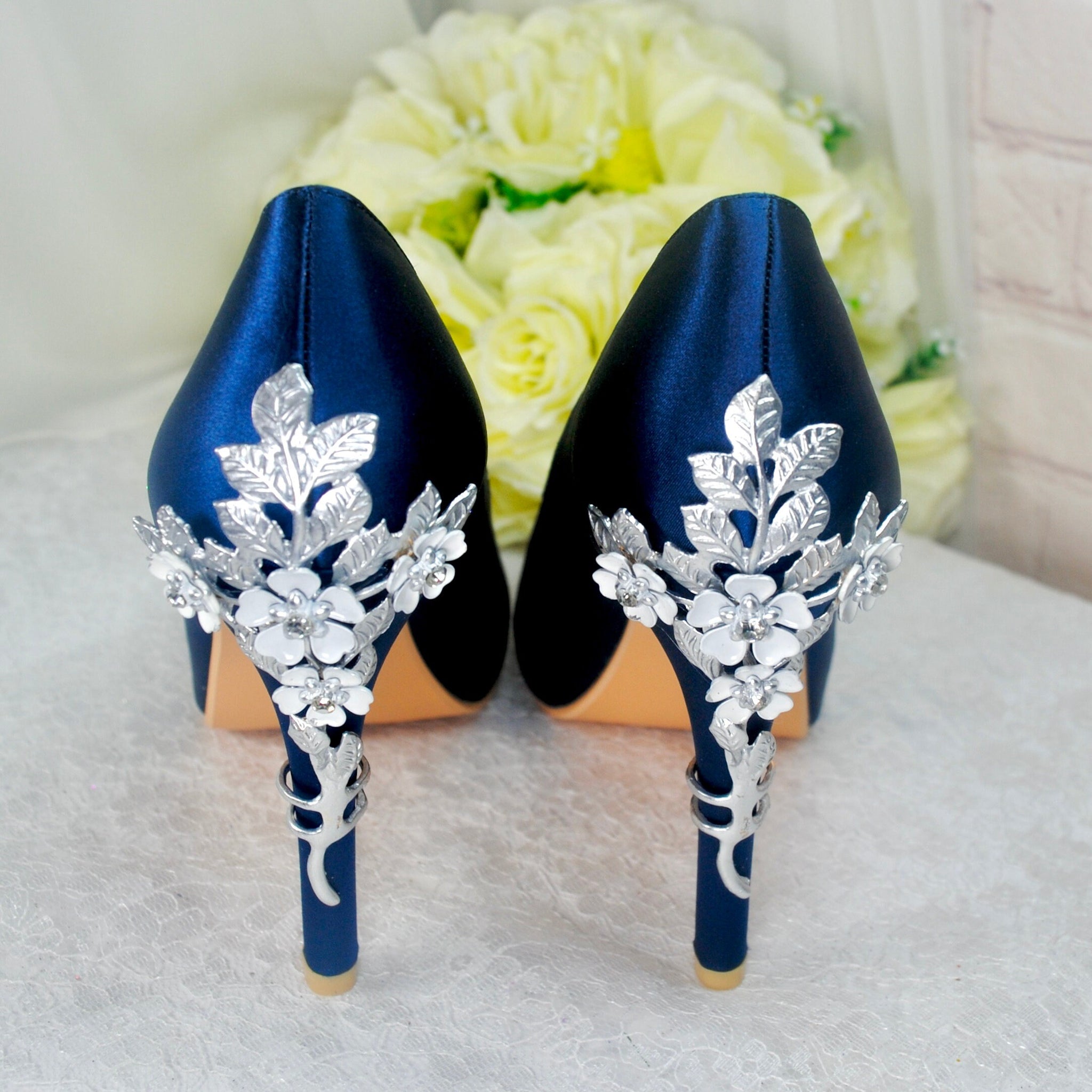 navy blue dress heels Navy Blue Satin Peep Toe Heels with Cherry Blossom – Becci's Bridal Designs