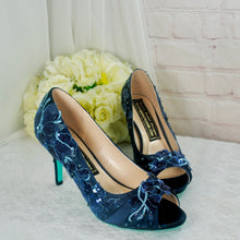 Load image into Gallery viewer, Navy Floral Embroidered Shoes, Low Heel Mother of the Bride Groom Special Occassion Bridal Shoe
