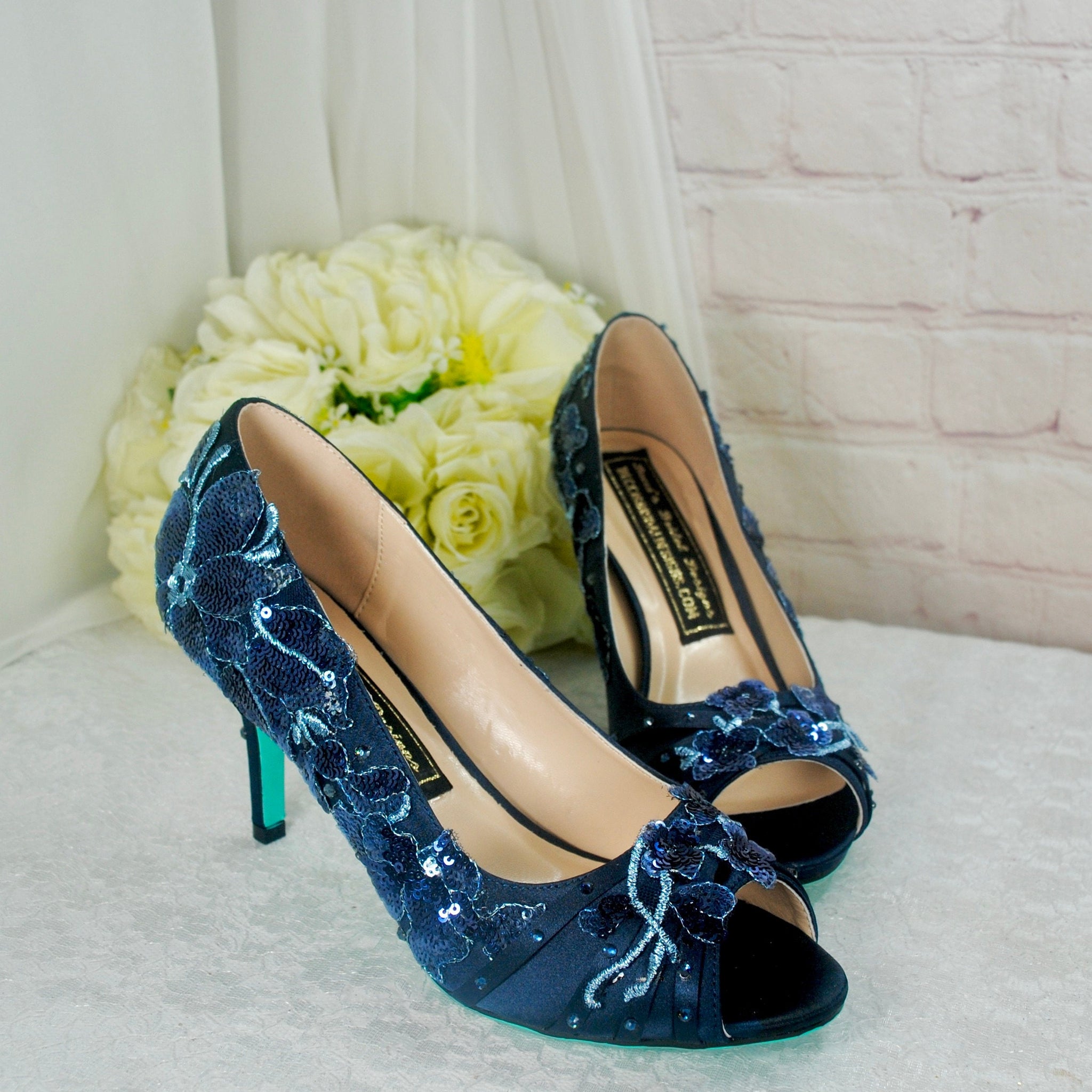 Navy Floral Embroidered Shoes Low Heel Mother of the Bride Groom Spec Becci s Bridal Designs