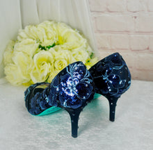 Load image into Gallery viewer, Navy Floral Embroidered Shoes, Low Heel Mother of the Bride Groom Special Occassion Bridal Shoe
