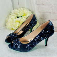 Load image into Gallery viewer, Navy Floral Embroidered Shoes, Low Heel Mother of the Bride Groom Special Occassion Bridal Shoe
