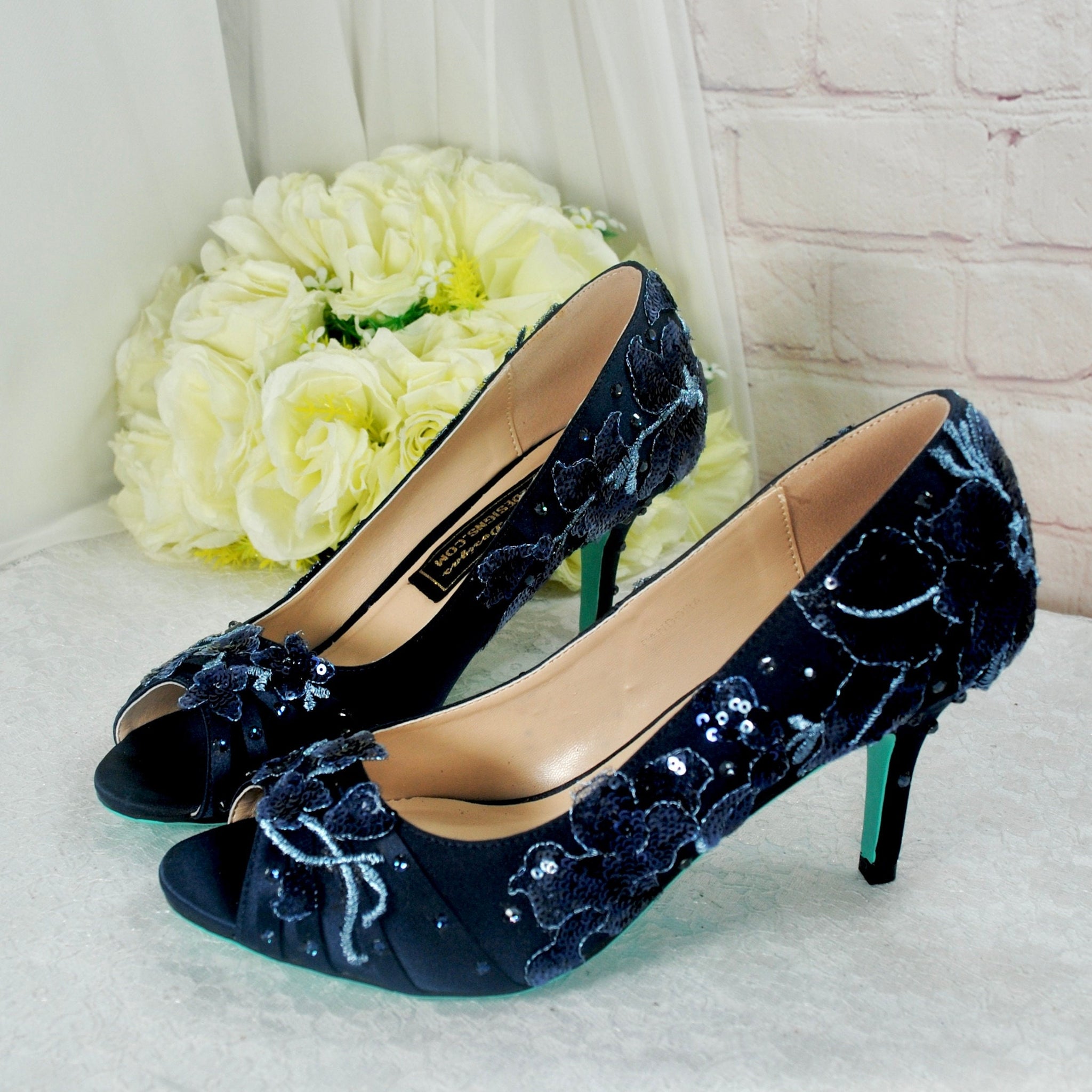 Navy Floral Embroidered Shoes Low Heel Mother of the Bride Groom Spec Becci s Bridal Designs