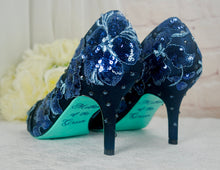 Load image into Gallery viewer, Navy Floral Embroidered Shoes, Low Heel Mother of the Bride Groom Special Occassion Bridal Shoe
