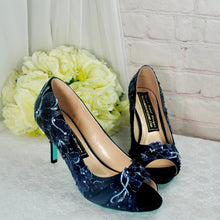 Load image into Gallery viewer, Navy Floral Embroidered Shoes, Low Heel Mother of the Bride Groom Special Occassion Bridal Shoe
