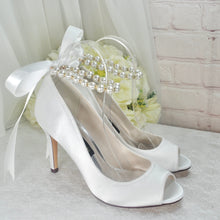 Load image into Gallery viewer, Satin Peep Toe Bridal Shoes with Pearl Ankle Strap
