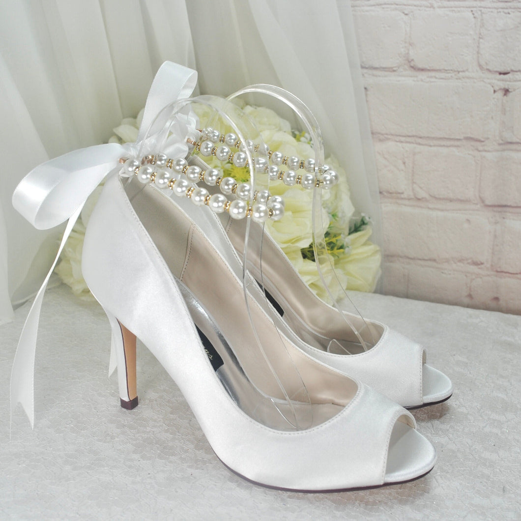 Satin Peep Toe Bridal Shoes with Pearl Ankle Strap