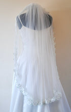 Load image into Gallery viewer, Floral Embroidered Lace Edge Bridal Veil with Sage Green Details
