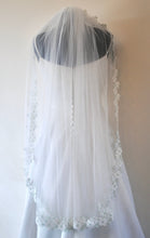 Load image into Gallery viewer, Floral Embroidered Lace Edge Bridal Veil with Sage Green Details
