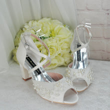 Load image into Gallery viewer, Satin Block Heel Bridal Sandals with Pearl Detail
