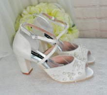 Load image into Gallery viewer, Satin Block Heel Bridal Sandals with Pearl Detail
