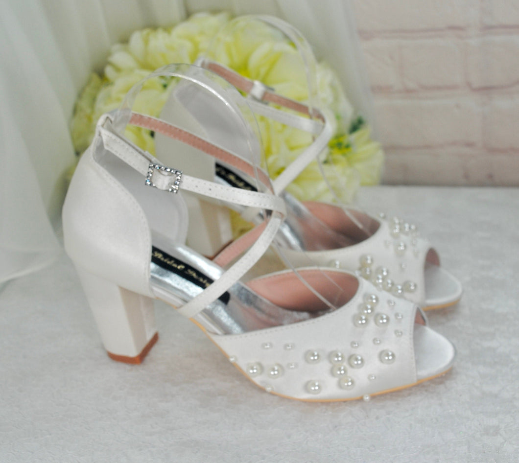 Ivory Satin Block Heel Bridal Sandals with Pearl Details  UK5/US7.5