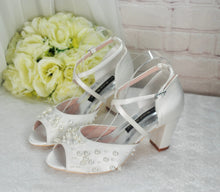 Load image into Gallery viewer, Satin Block Heel Bridal Sandals with Pearl Detail
