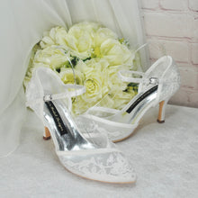 Load image into Gallery viewer, Ivory Block Heel or Low Kitten Heel Wedding Shoes with Floral Lace Appliqué
