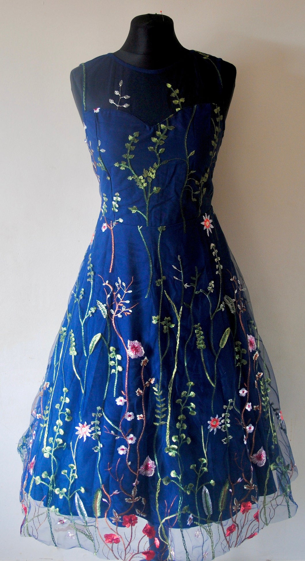 Navy Embroidered Flower Tulle Dress - Size L