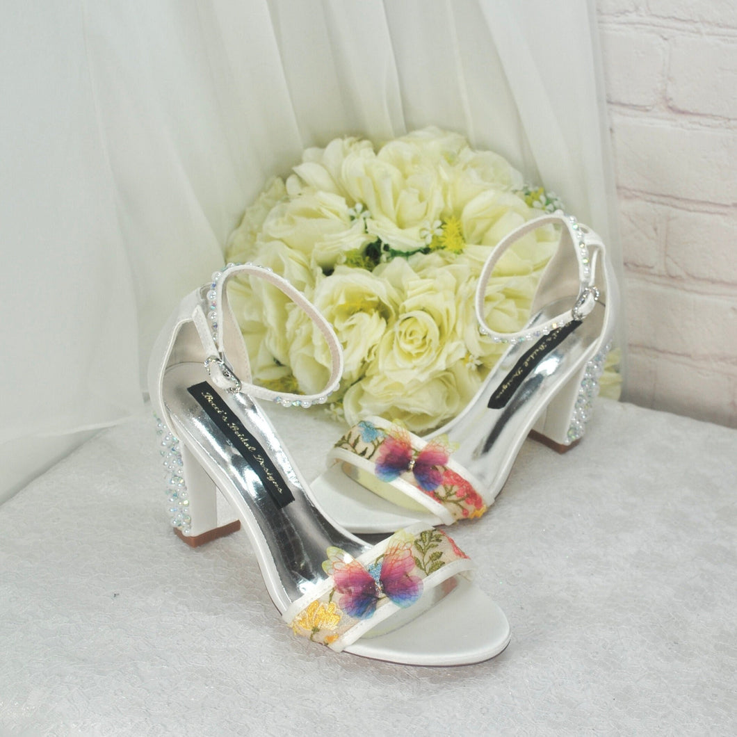 Embroidered Block Heel Bridal Shoes with Silk Butterflies