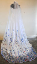 Load image into Gallery viewer, Beautiful cathedral white wedding veil blue  embroidered flowers
