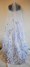 Load image into Gallery viewer, Beautiful cathedral white wedding veil blue  embroidered flowers
