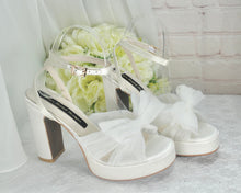 Load image into Gallery viewer, Platform White Wedding Bridal Heels Shoes Bow Block Heel Sandals
