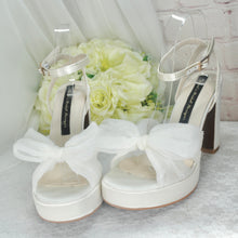 Load image into Gallery viewer, Platform White Wedding Bridal Heels Shoes Bow Block Heel Sandals
