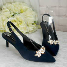 Load image into Gallery viewer, Navy Blue Suede Sling Back Bridal Sandal, Low Heel 6cm Matching Bag with Cherry Blossom.
