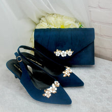 Load image into Gallery viewer, Navy Blue Suede Sling Back Bridal Sandal, Low Heel 6cm Matching Bag with Cherry Blossom.
