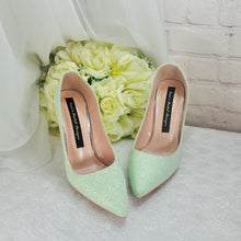 Load image into Gallery viewer, Green Shimmer Heels, Flower Heel Shoes. Size UK6/US8.5
