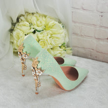 Load image into Gallery viewer, Green Shimmer Heels, Flower Heel Shoes. Size UK6/US8.5
