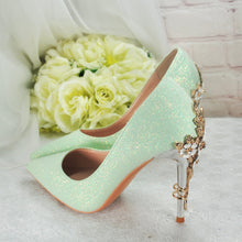 Load image into Gallery viewer, Green Shimmer Heels, Flower Heel Shoes. Size UK6/US8.5
