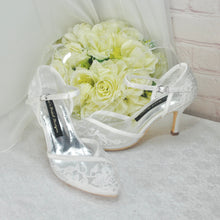 Load image into Gallery viewer, Ivory Block Heel or Low Kitten Heel Wedding Shoes with Floral Lace Appliqué
