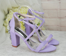 Load image into Gallery viewer, Lilac Satin Block Heel Bridal Sandals
