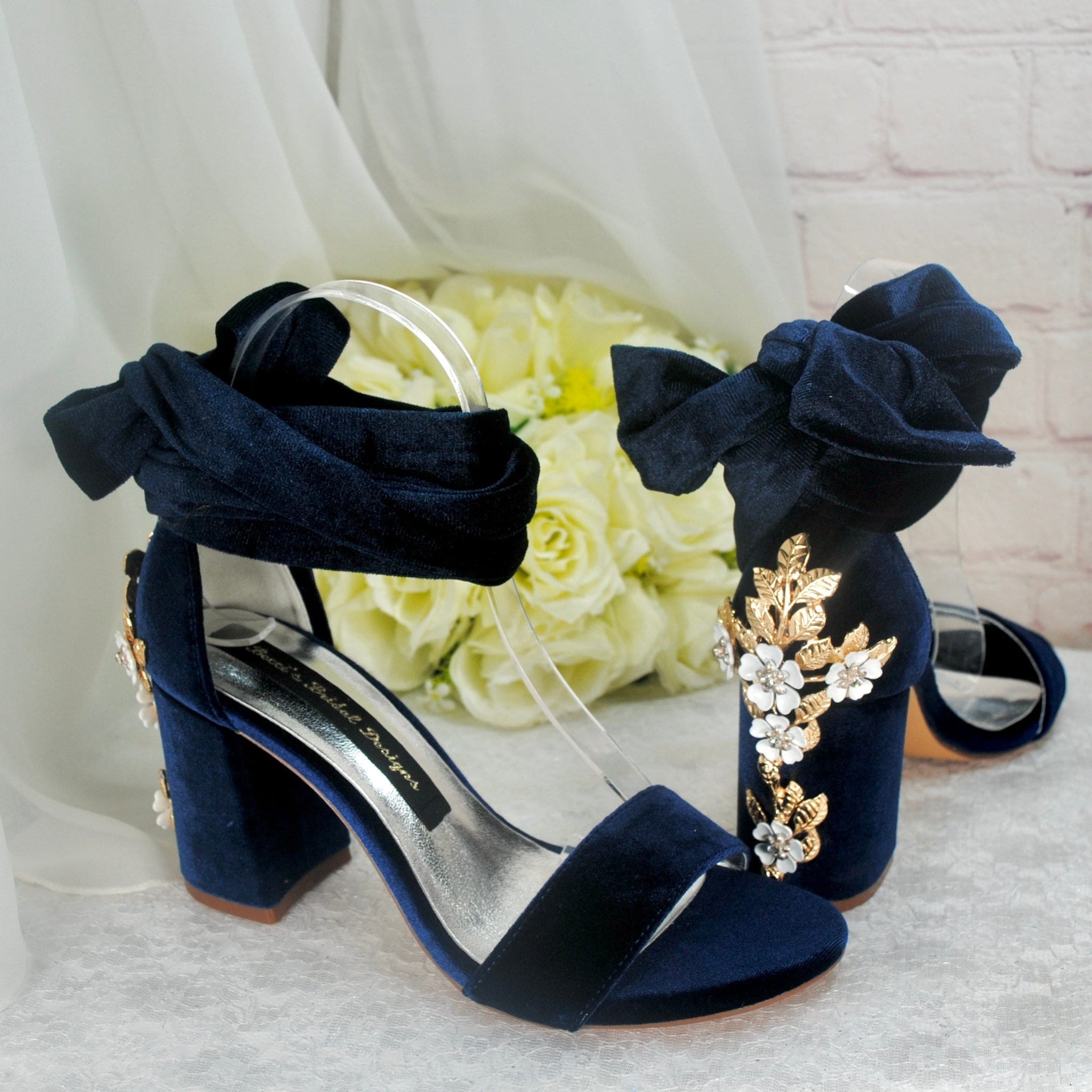 Navy Blue Velvet Block Heels with Cherry Blossom Size UK3