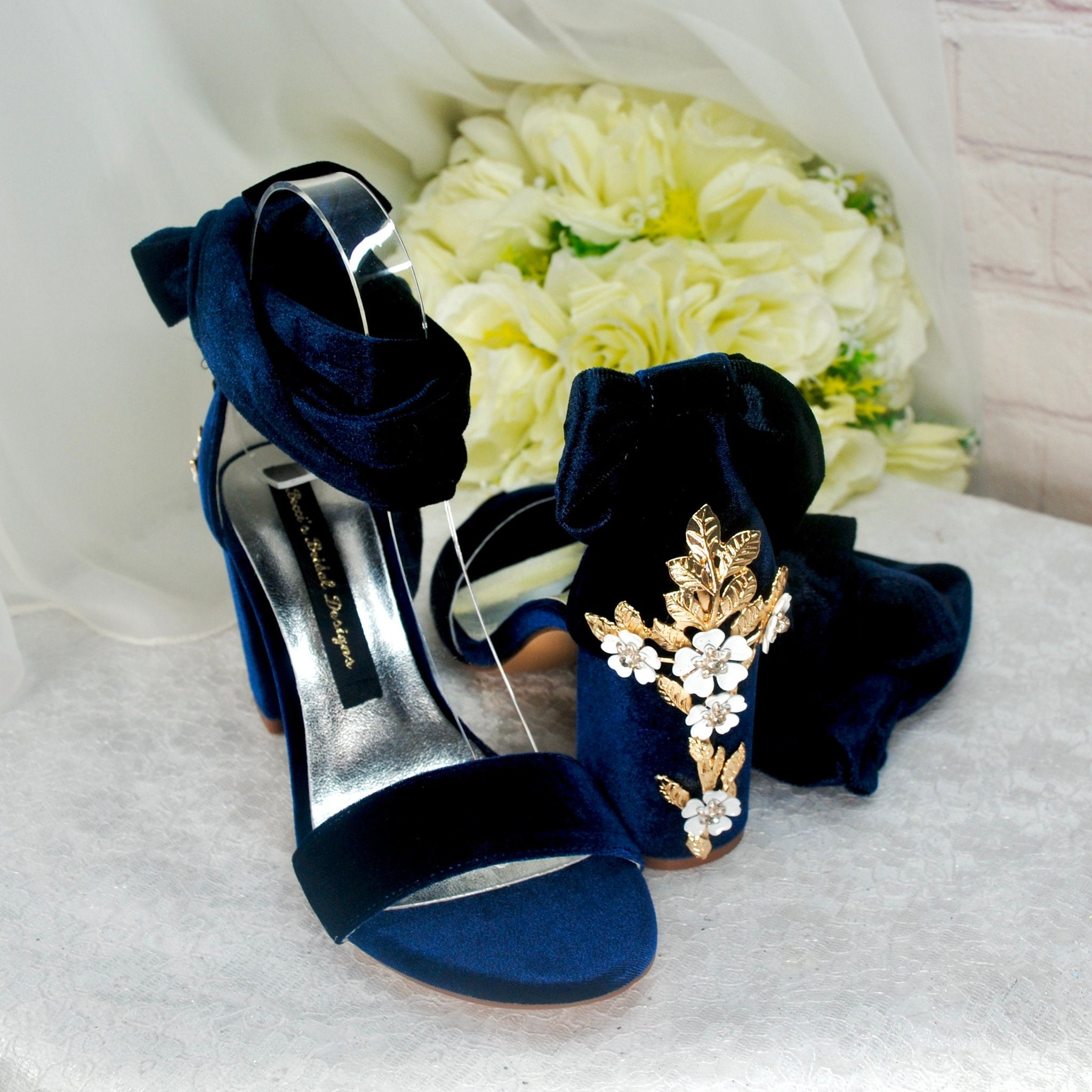 Navy Blue Velvet Block Heels with Cherry Blossom Size UK3