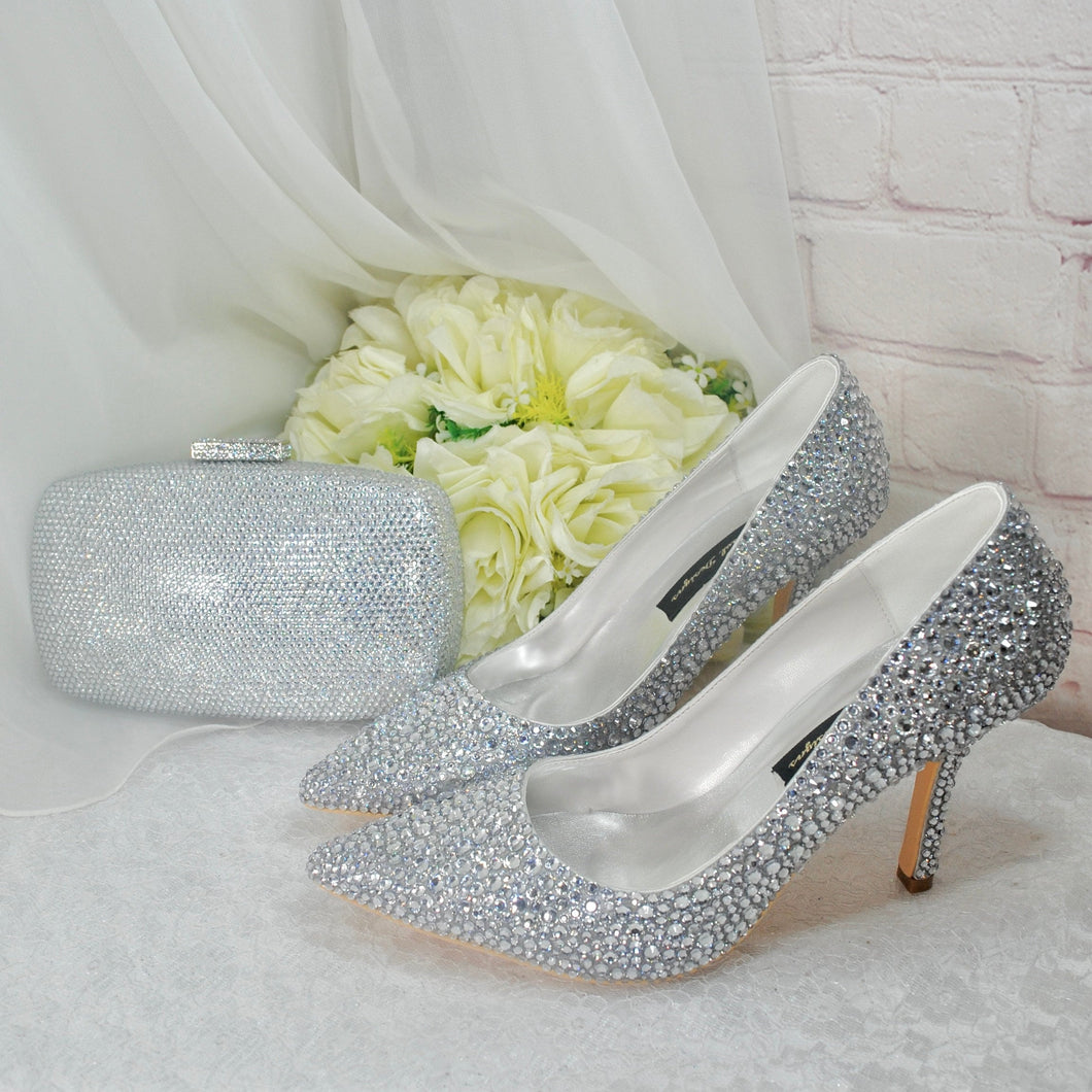 Silver Crystal Cinderella Heels with Matching Clutch Bag