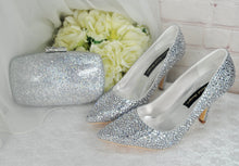 Load image into Gallery viewer, Silver Crystal Cinderella Heels with Matching Clutch Bag
