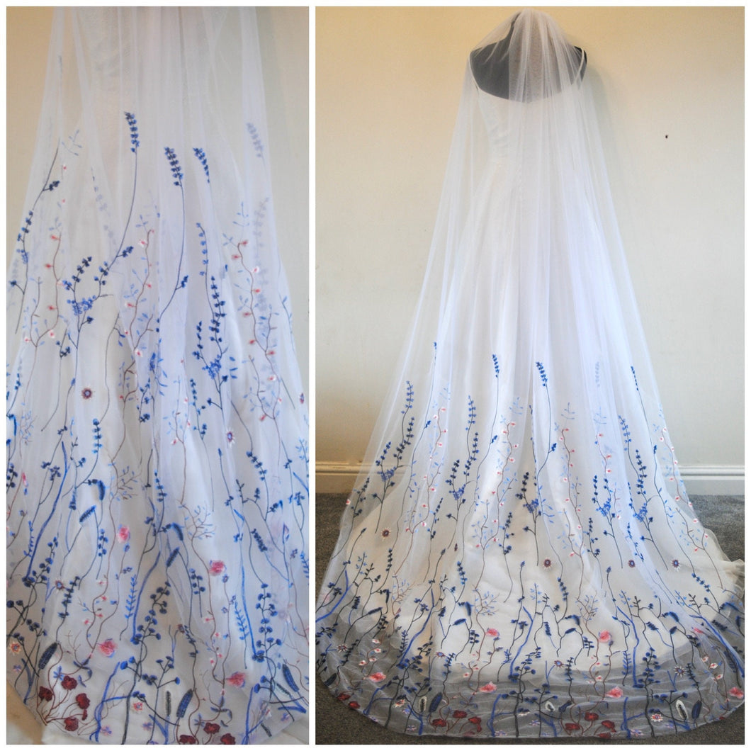 Beautiful cathedral white wedding veil blue  embroidered flowers