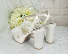 Load image into Gallery viewer, Platform White Wedding Bridal Heels Shoes Bow Block Heel Sandals Size UK6 / US8.5
