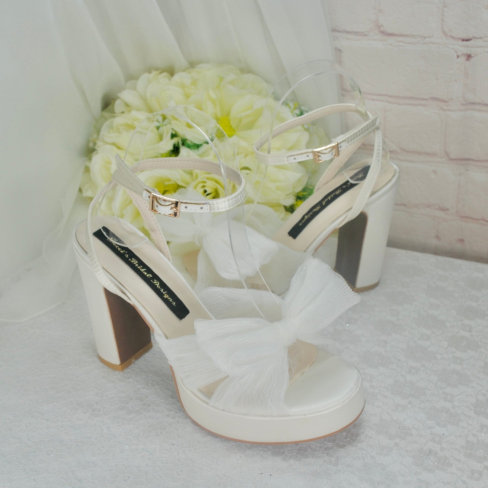 Platform White Wedding Bridal Heels Shoes Bow Block Heel Sandals Becci s Bridal Designs